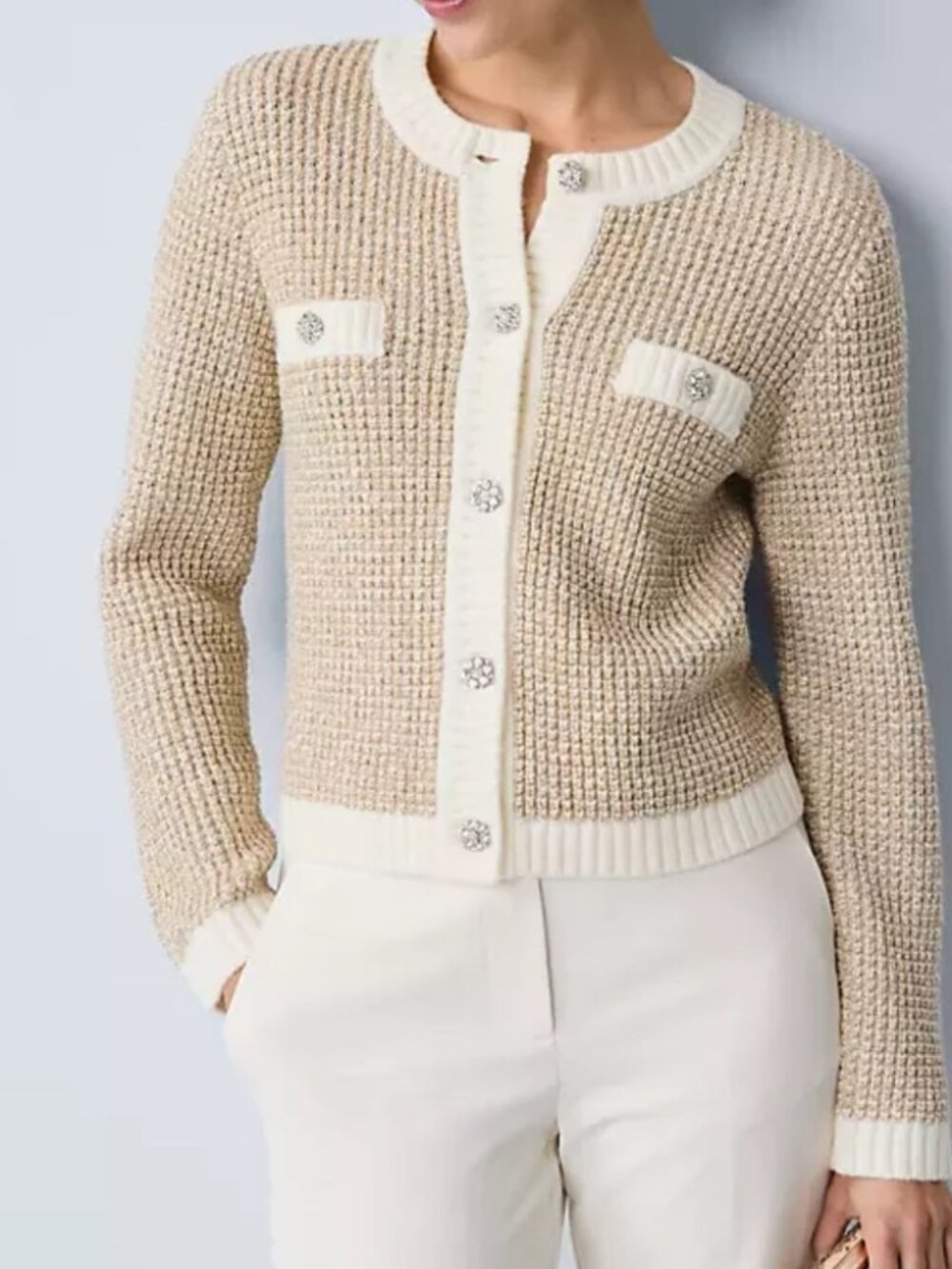 Ann Taylor womens waffle knit metallic festive Cream Cardigan Size L NWT